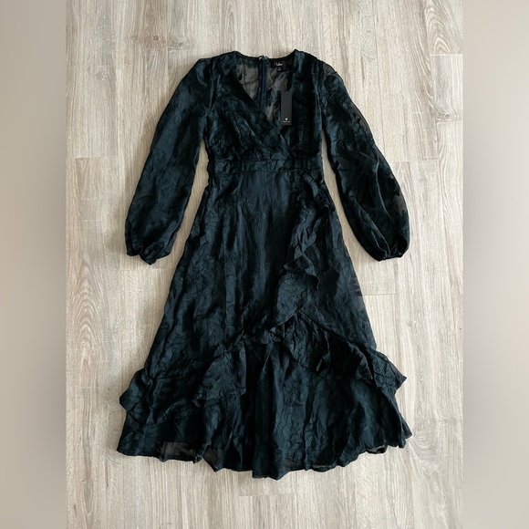 NWT Lulus Spectacular Feeling Emerald Embroidered Faux Wrap Midi Dress - Small - Picture 4 of 10